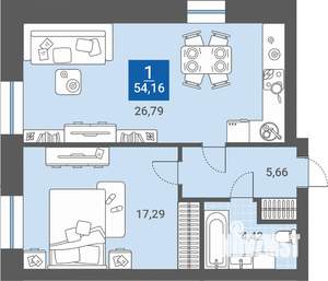 1-к квартира, строящийся дом, 54м2, 2/4 этаж