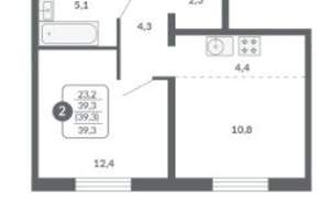 2-к квартира, вторичка, 39м2, 7/17 этаж
