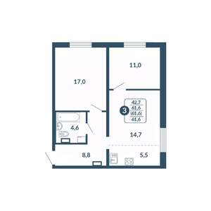 2-к квартира, вторичка, 62м2, 16/17 этаж