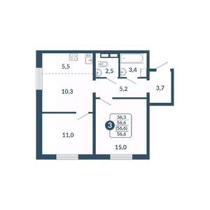 3-к квартира, вторичка, 57м2, 12/17 этаж