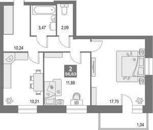 3-к квартира, вторичка, 57м2, 1/17 этаж