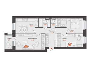 3-к квартира, строящийся дом, 75м2, 3/3 этаж