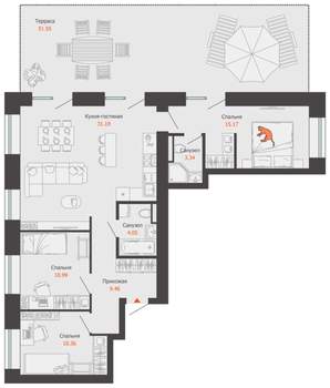 3-к квартира, строящийся дом, 100м2, 2/12 этаж