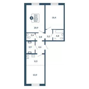 3-к квартира, вторичка, 83м2, 16/17 этаж