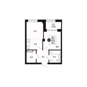 2-к квартира, вторичка, 35м2, 10/17 этаж