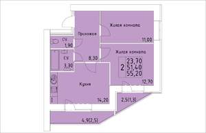 2-к квартира, строящийся дом, 55м2, 13/14 этаж
