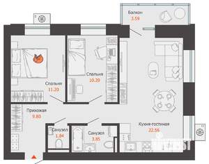 2-к квартира, строящийся дом, 61м2, 3/12 этаж