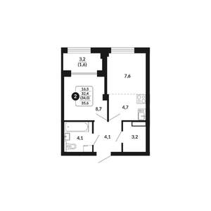 2-к квартира, вторичка, 34м2, 7/17 этаж