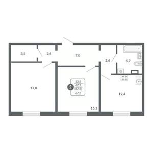 2-к квартира, вторичка, 68м2, 6/17 этаж