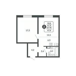 2-к квартира, строящийся дом, 48м2, 2/17 этаж