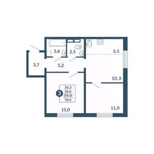 2-к квартира, вторичка, 57м2, 9/17 этаж