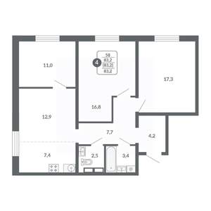 4-к квартира, вторичка, 83м2, 9/17 этаж