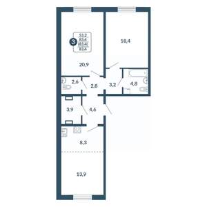 3-к квартира, вторичка, 83м2, 15/17 этаж