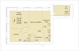 2-к квартира, вторичка, 63м2, 7/15 этаж