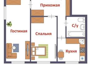 2-к квартира, вторичка, 44м2, 1/5 этаж