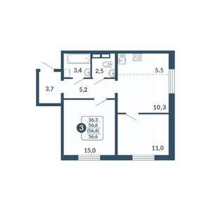2-к квартира, вторичка, 57м2, 7/17 этаж