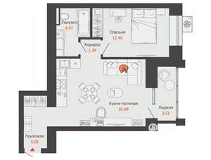 1-к квартира, вторичка, 47м2, 3/9 этаж