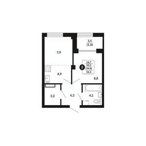 2-к квартира, вторичка, 35м2, 3/17 этаж