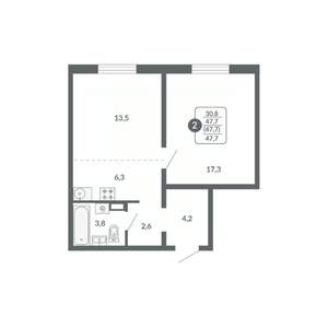 2-к квартира, вторичка, 48м2, 7/17 этаж