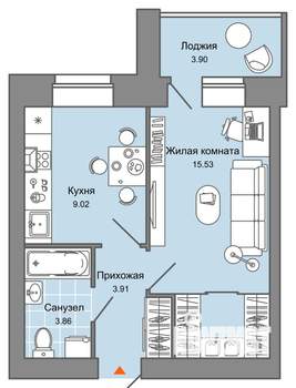 1-к квартира, вторичка, 34м2, 2/7 этаж