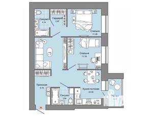 2-к квартира, вторичка, 66м2, 6/6 этаж