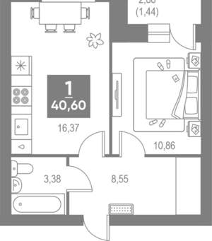 1-к квартира, вторичка, 41м2, 2/4 этаж