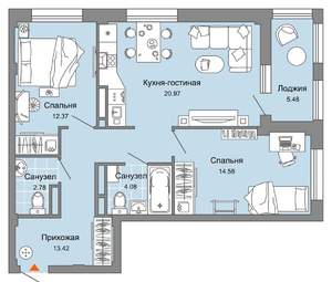 3-к квартира, вторичка, 71м2, 4/8 этаж