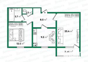 2-к квартира, вторичка, 54м2, 1/2 этаж