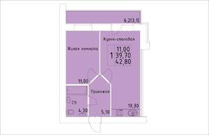 1-к квартира, строящийся дом, 43м2, 5/14 этаж