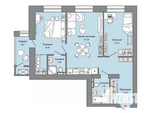 2-к квартира, строящийся дом, 71м2, 6/6 этаж