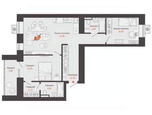 2-к квартира, вторичка, 73м2, 7/12 этаж