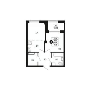 2-к квартира, вторичка, 35м2, 5/17 этаж