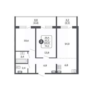 3-к квартира, вторичка, 68м2, 1/14 этаж
