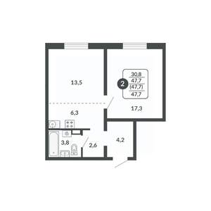 2-к квартира, вторичка, 48м2, 6/17 этаж