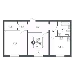 2-к квартира, вторичка, 68м2, 17/17 этаж