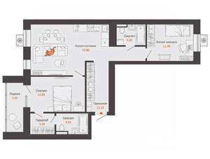 2-к квартира, вторичка, 74м2, 8/12 этаж