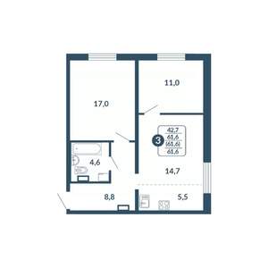 2-к квартира, вторичка, 62м2, 13/17 этаж
