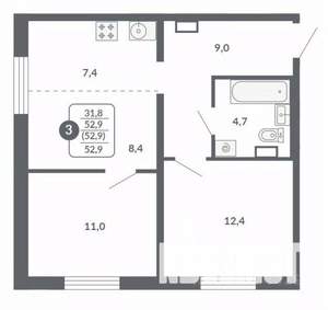 2-к квартира, вторичка, 49м2, 8/17 этаж