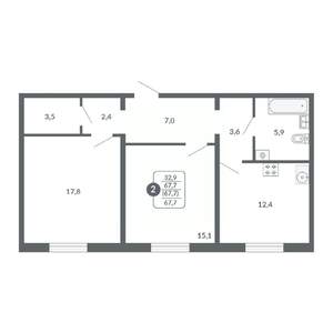 2-к квартира, вторичка, 68м2, 2/17 этаж