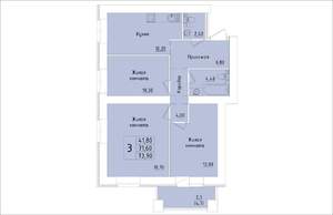 3-к квартира, строящийся дом, 74м2, 12/15 этаж