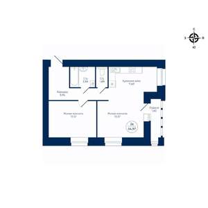 2-к квартира, строящийся дом, 55м2, 4/9 этаж