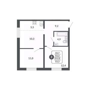 2-к квартира, строящийся дом, 53м2, 2/17 этаж