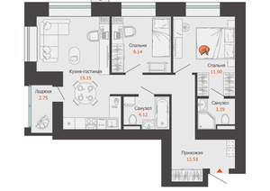 2-к квартира, вторичка, 62м2, 3/12 этаж