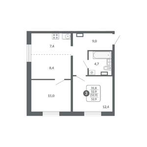 2-к квартира, вторичка, 53м2, 7/17 этаж