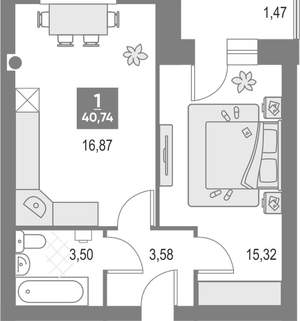 1-к квартира, вторичка, 41м2, 2/4 этаж