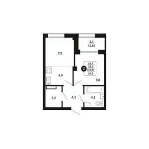 2-к квартира, вторичка, 35м2, 7/17 этаж