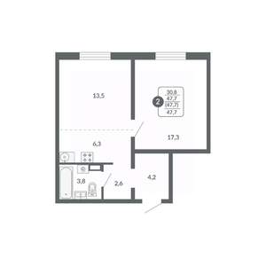 2-к квартира, вторичка, 48м2, 8/17 этаж