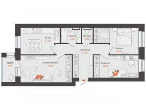3-к квартира, вторичка, 75м2, 2/3 этаж