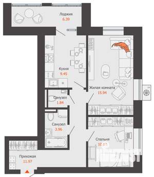 2-к квартира, строящийся дом, 57м2, 7/12 этаж