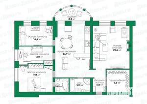 4-к квартира, вторичка, 127м2, 3/3 этаж